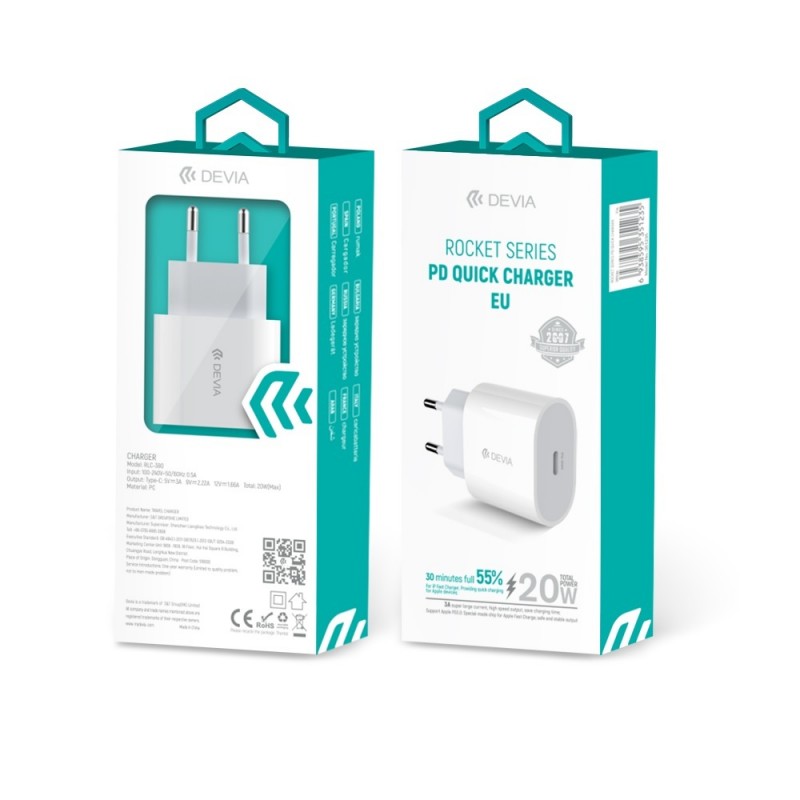 Devia wall charger Rocket PD 20W 1x USB-C Balts|mobilo.lv