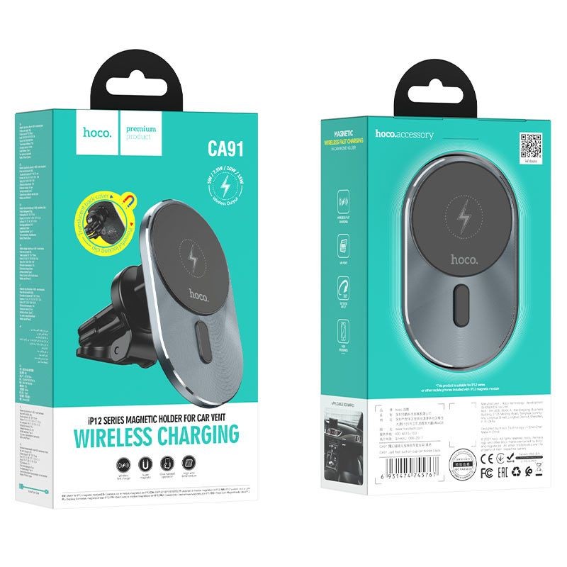 Universal car holder to air vent with wilress charging suppor MagSafe charging Magic CA91 Pelēks | mobilo.lv