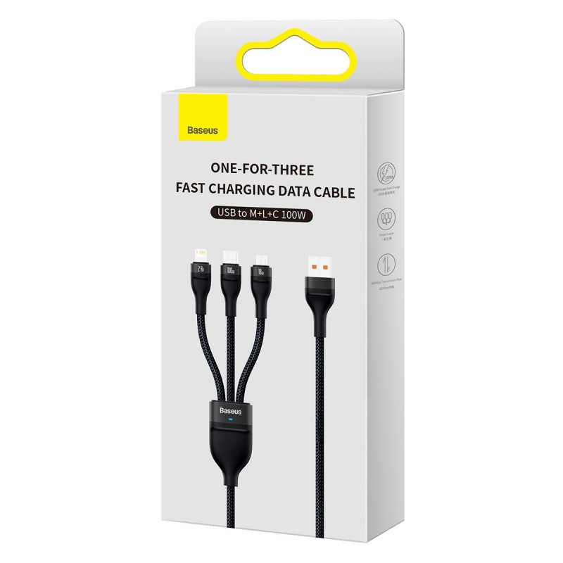 Universal cable USB 3in1 Flash Series USB-C micro USB Lightning 100W CASS030001 1.2m Melns | mobilo.lv