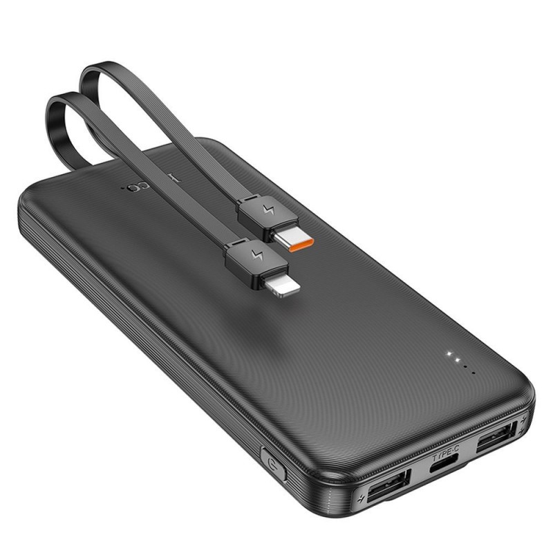 Universal Power Bank HOCO - 10 000mAh with cables Type C + Lightning 8-pin J118 Melns | mobilo.lv