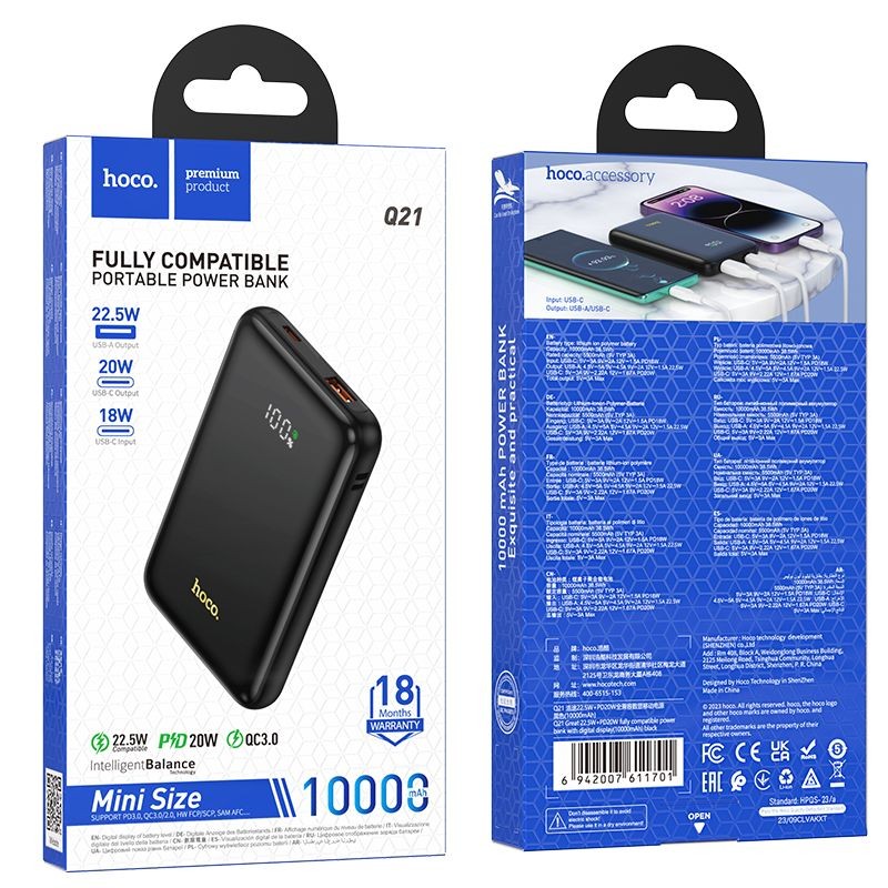 Universal Power Bank HOCO 10 000mAh PD 22,5W Q21 Melns|mobilo.lv