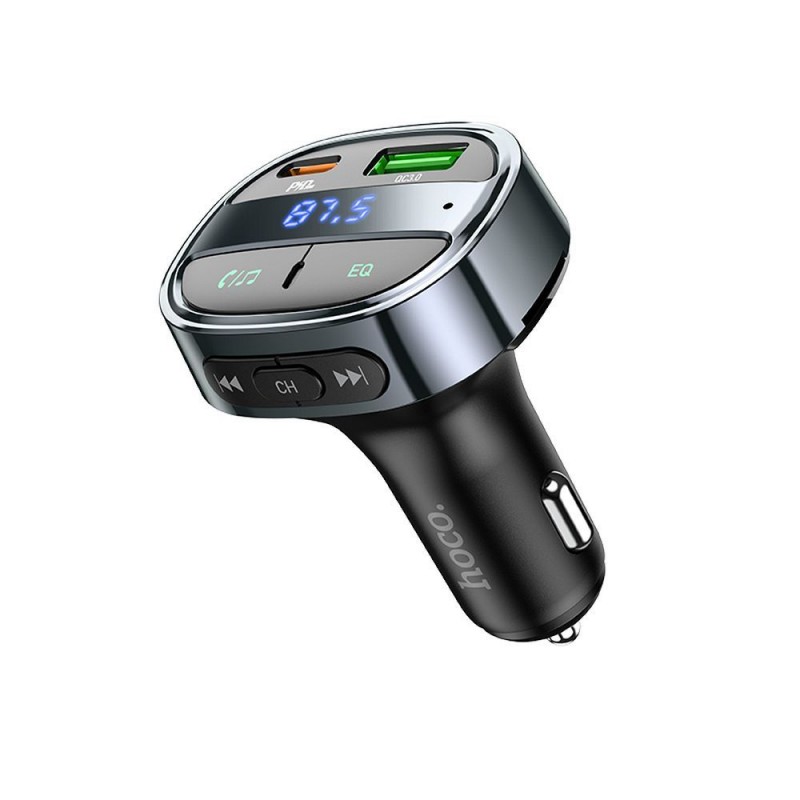 Universal car charger USB A+ Type C with digital display + transmitter FM BT PD QC3.0 5A 30W E70 Melns | mobilo.lv