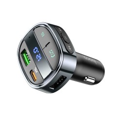 Universal car charger USB A+ Type C with digital display + transmitter FM BT PD QC3.0 5A 30W E70 Melns | mobilo.lv