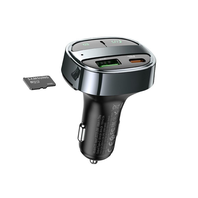 Universal car charger USB A+ Type C with digital display + transmitter FM BT PD QC3.0 5A 30W E70 Melns|mobilo.lv