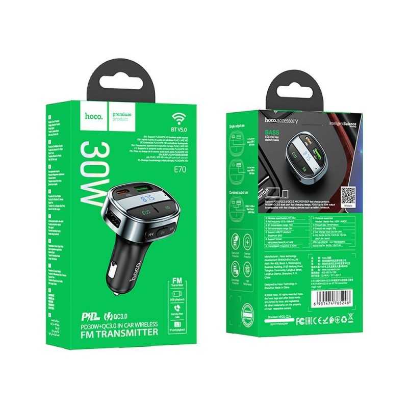 Universal car charger USB A+ Type C with digital display + transmitter FM BT PD QC3.0 5A 30W E70 Melns | mobilo.lv