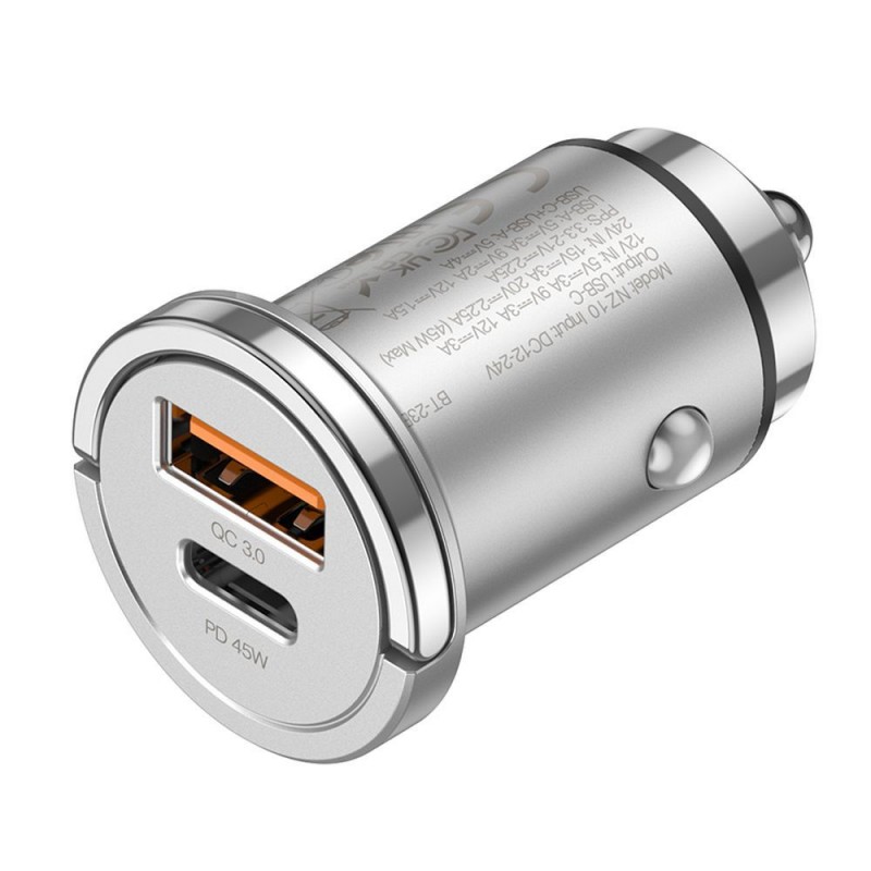 Universal car charger USB A + Type C PD QC3.0 4A 45W NZ10 Sudrabs | mobilo.lv