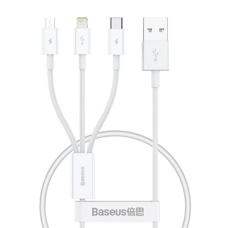 Universal cable 3in1 USB A to Micro USB / Lightning / Type C 3,5A Balts