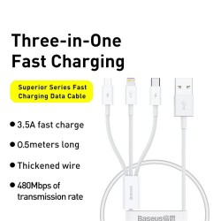 Universal cable 3in1 USB A to Micro USB / Lightning / Type C 3,5A Balts