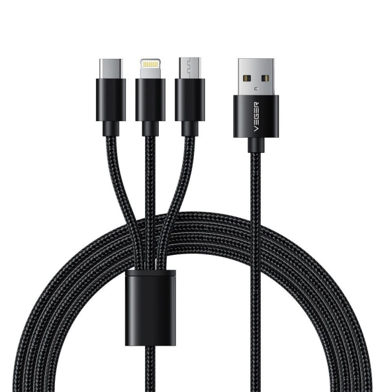 Universal cable 3in1 USB to Type C + Apple Lightning 8-pin + Micro 2A V303 1,2m Melns | mobilo.lv