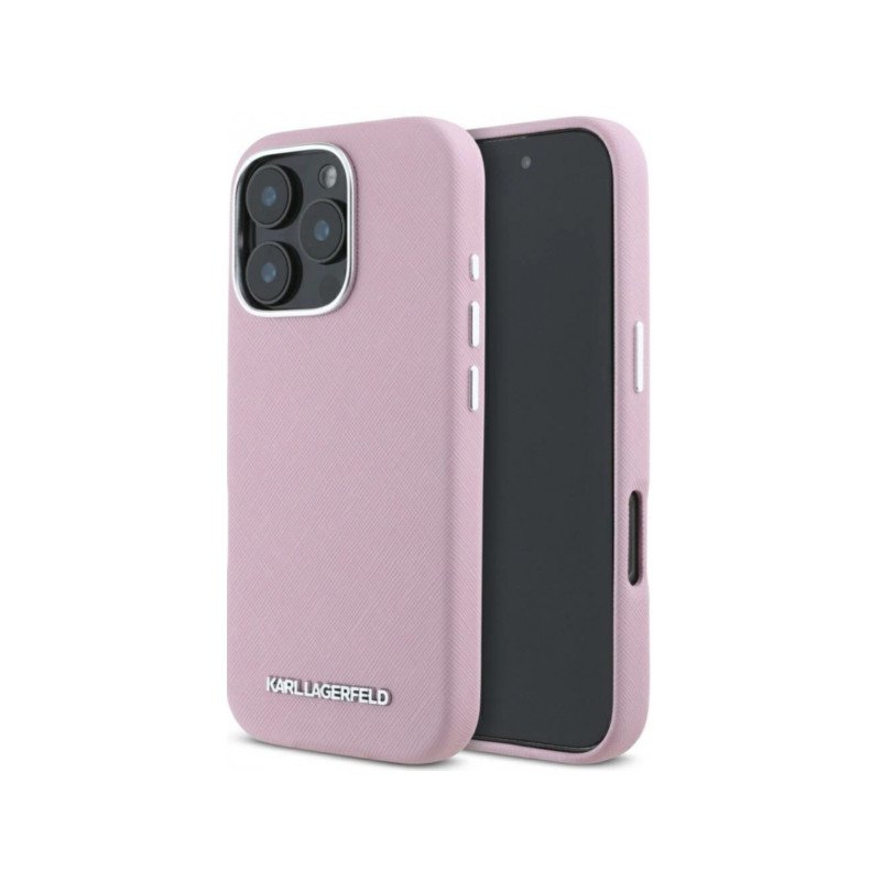 Viedtālruņa aizmugurējais vāciņš Apple iPhone 16 Pro Saffiano Full Wrapped Elongated Metal Logo MagSafe Pink