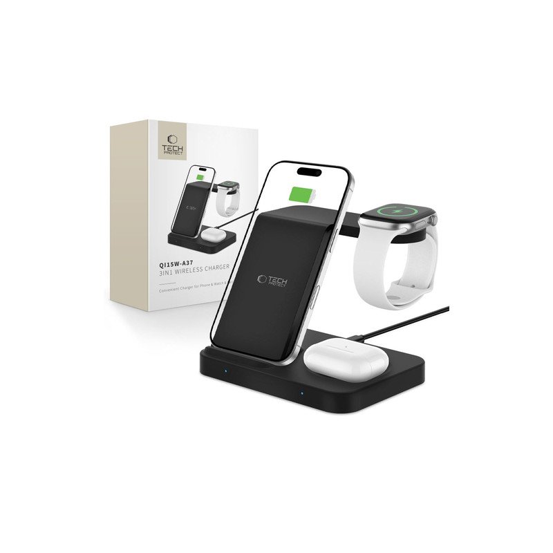 Bezvadu lādētājs QI15W-A37 3in1 Induction Wireless Charger 15W Black
