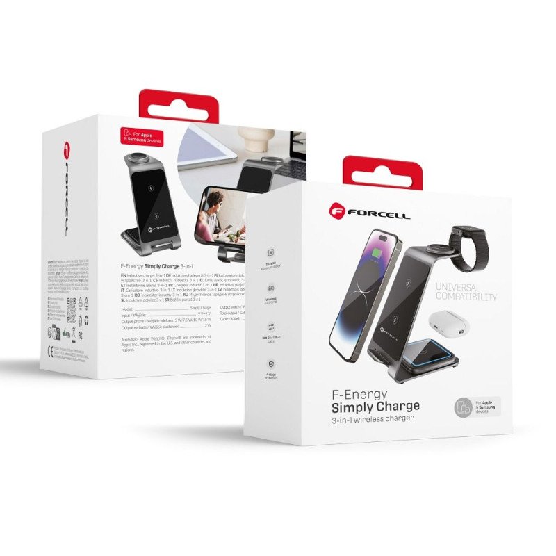 Bezvadu lādētājs Wireless charger Forcell FEnergy 3in1 Simply Charge aluminium compatible with Apple Watch and Samsung Grey