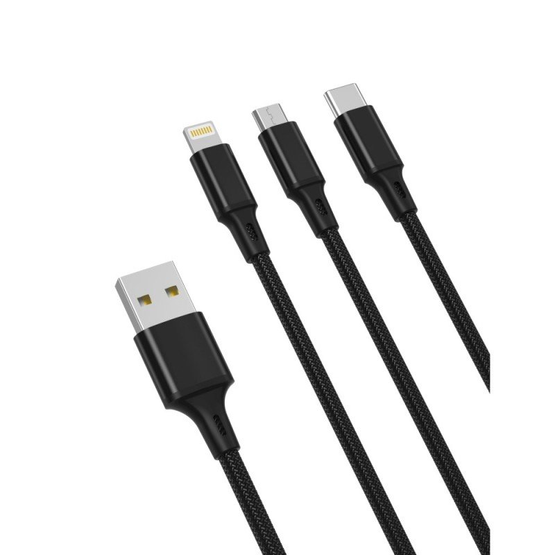 Universal cable NB173 3in1 USB-C, MicroUSB, Lightning Melns